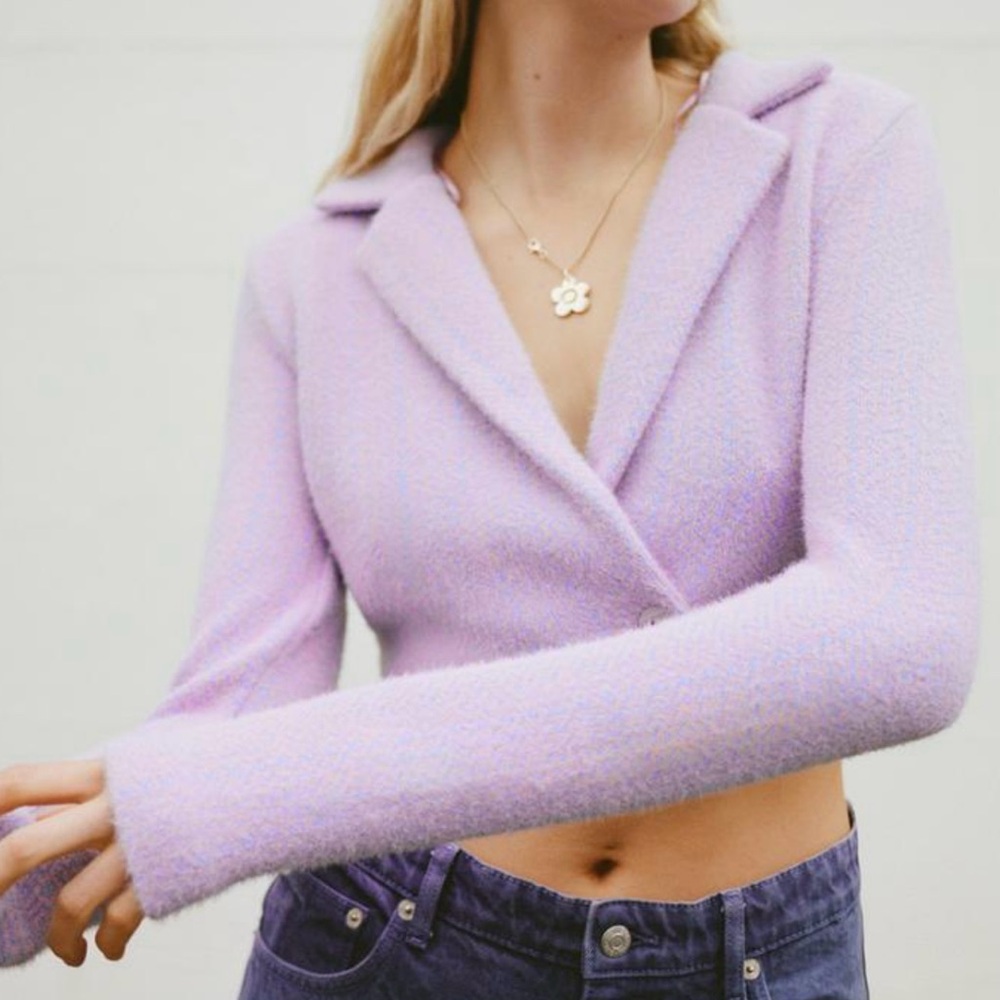 New! Faux Fur Cropped Blazer Sweater - Lavender
